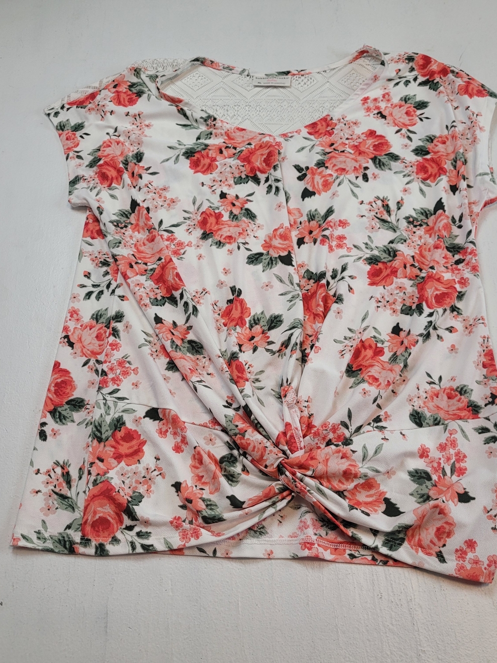 Bobbie Brooks White Top with Coral Floral Print and Twist Front